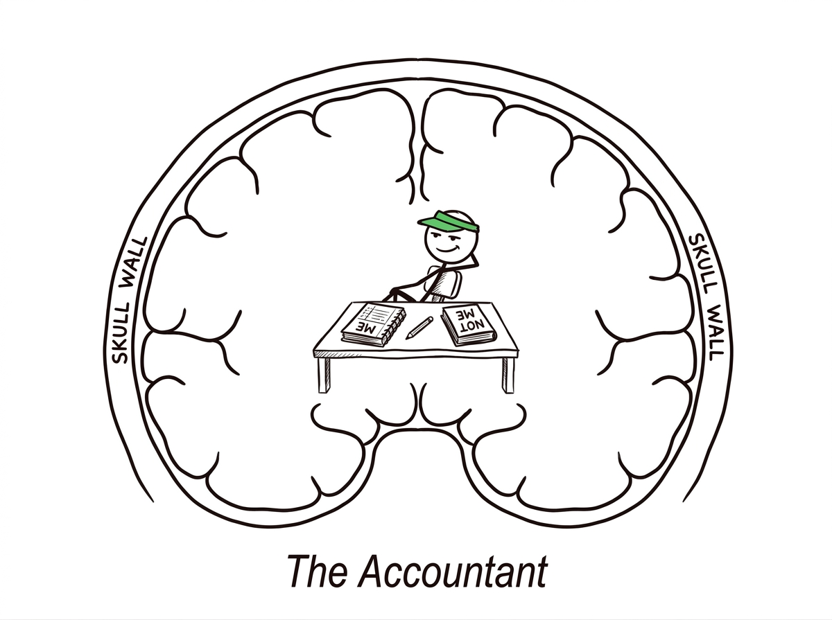 The Accountant sitting at a desk inside a brain, with ME and NOT ME ledgers