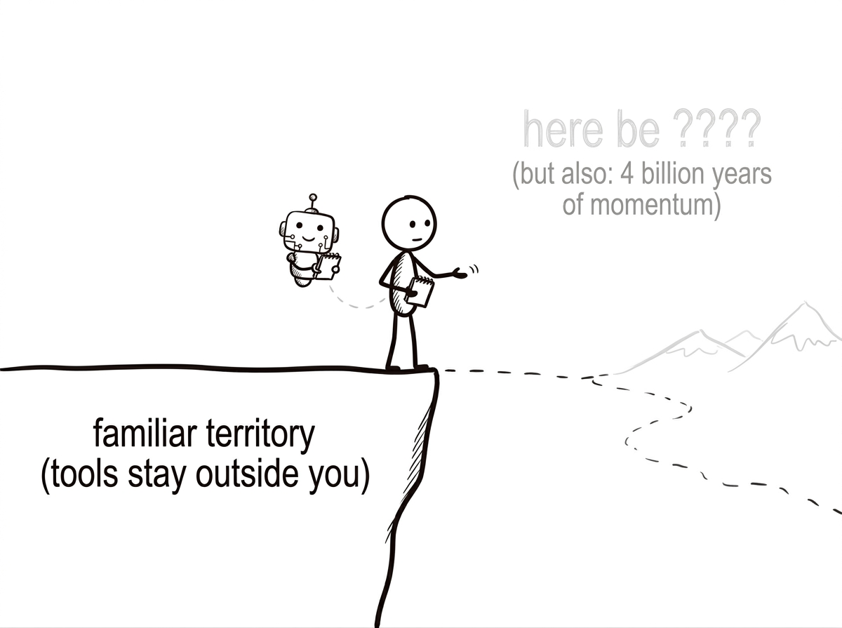 A human figure and an AI figure standing at the edge of familiar territory