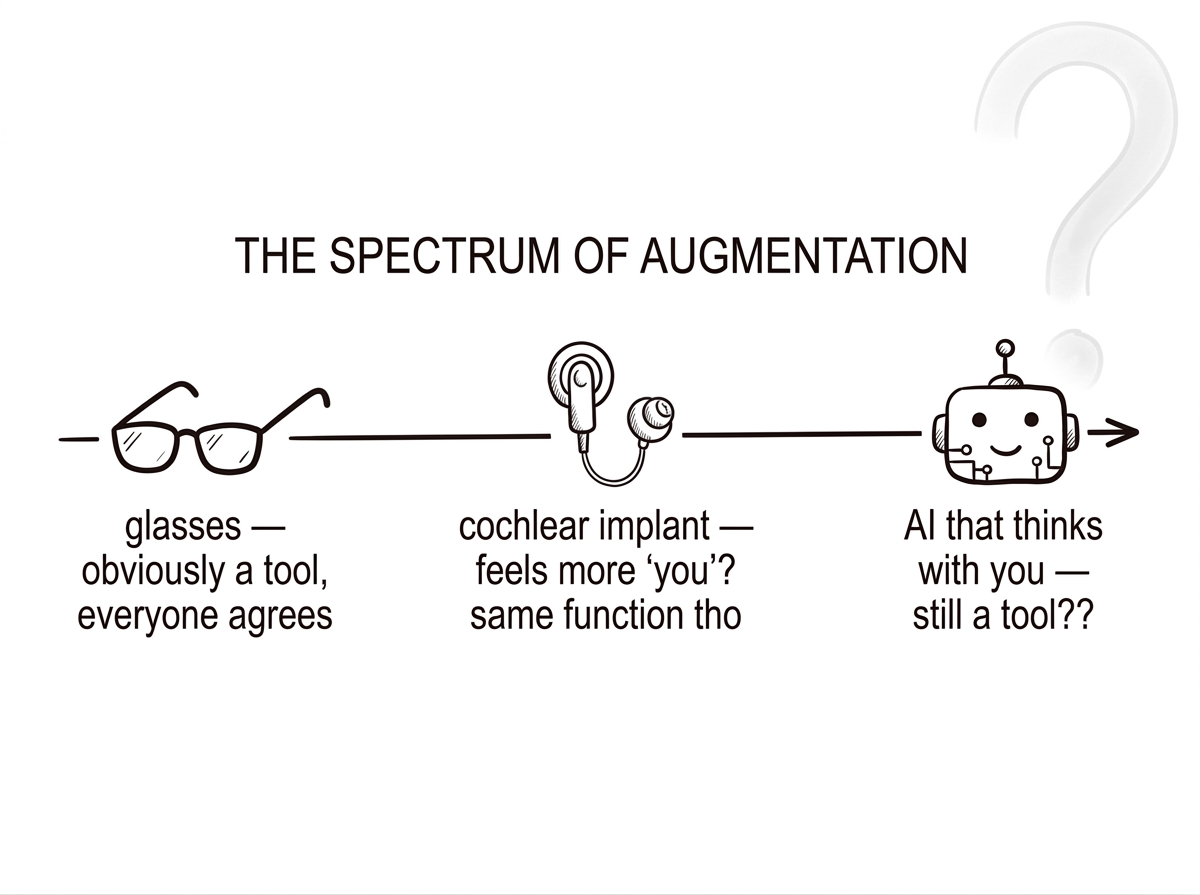 A spectrum from glasses (obviously a tool) to cochlear implant to brain-computer interface