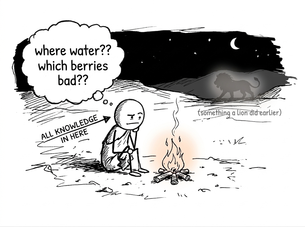 A very stressed ancestor with all knowledge stored in their skull