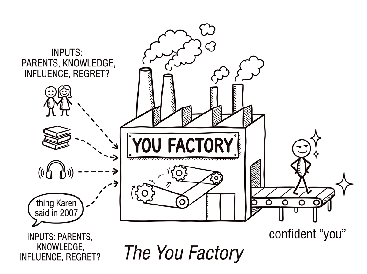 The YOU FACTORY with parents, books, podcasts as inputs and a confident 'you' as output